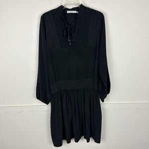 See by Chloe Black Silk Smocked Sheer Panel Peasant Dress M